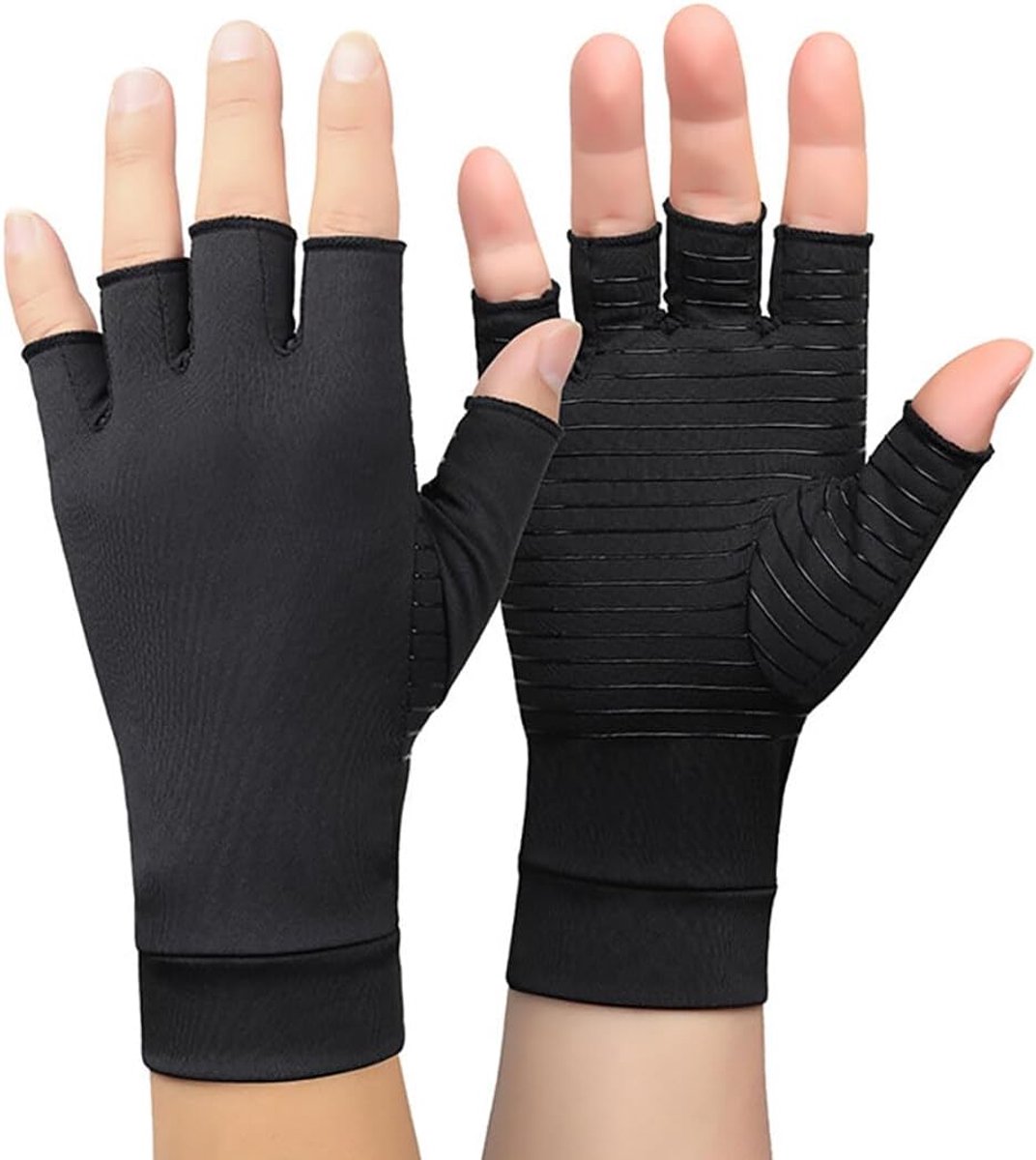 Katoenen Compressie Handschoenen - Vingerloze Steun - Verlichting Handpijn - Ademend Antislip Ontwerp - Eén Maat - Zwart