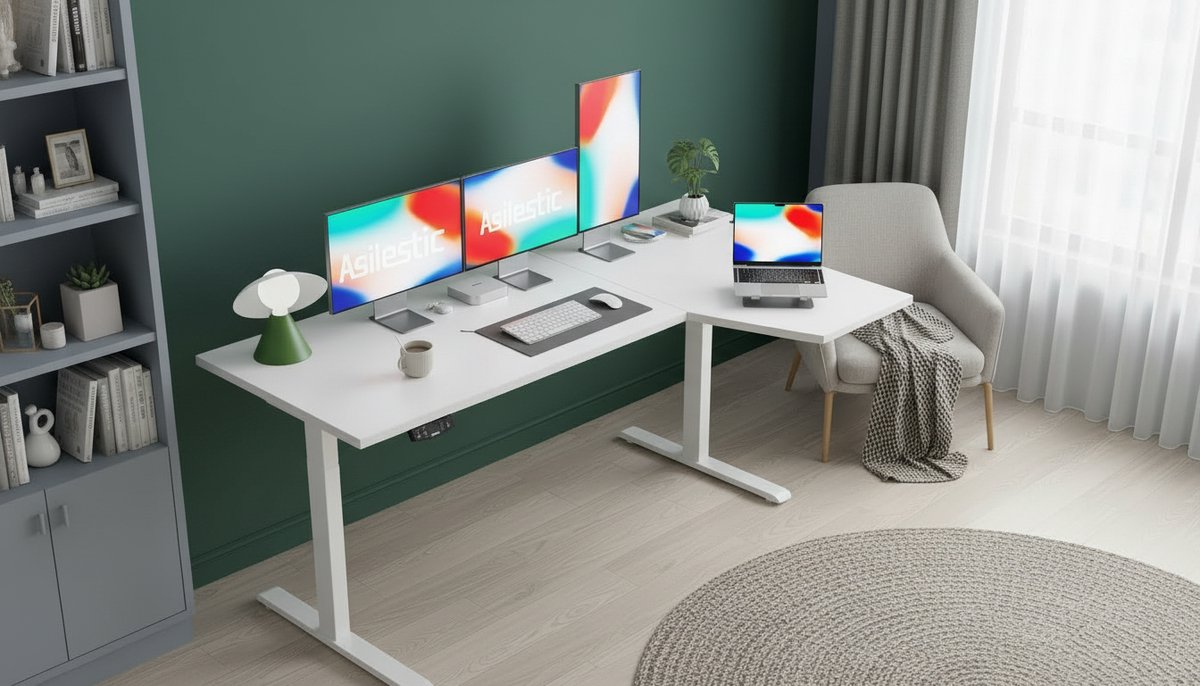 Electric Desk Casa Velluto L-Shaped 160x90 cm – Height Adjustable Sit-Stand Workstation, Ergonomic Home Office Desk, Quiet Motor, Memory Function, Modern White Oak Finish