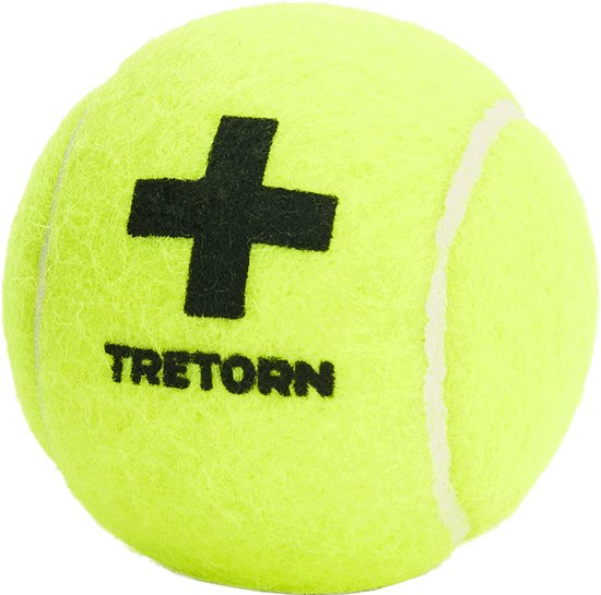 Gele Tretorn tennisbal met een zwart plus-logo en het woord "TRETORN".