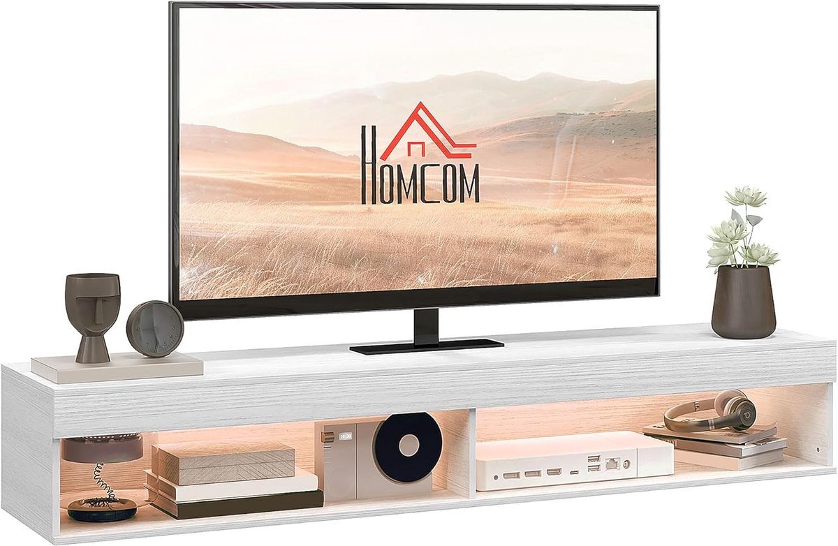 TV Wandmeubel - Drijvend Kastje - Woonkamer Inrichting - Geïntegreerde LED Verlichting - 180x40x30 cm - Wit
