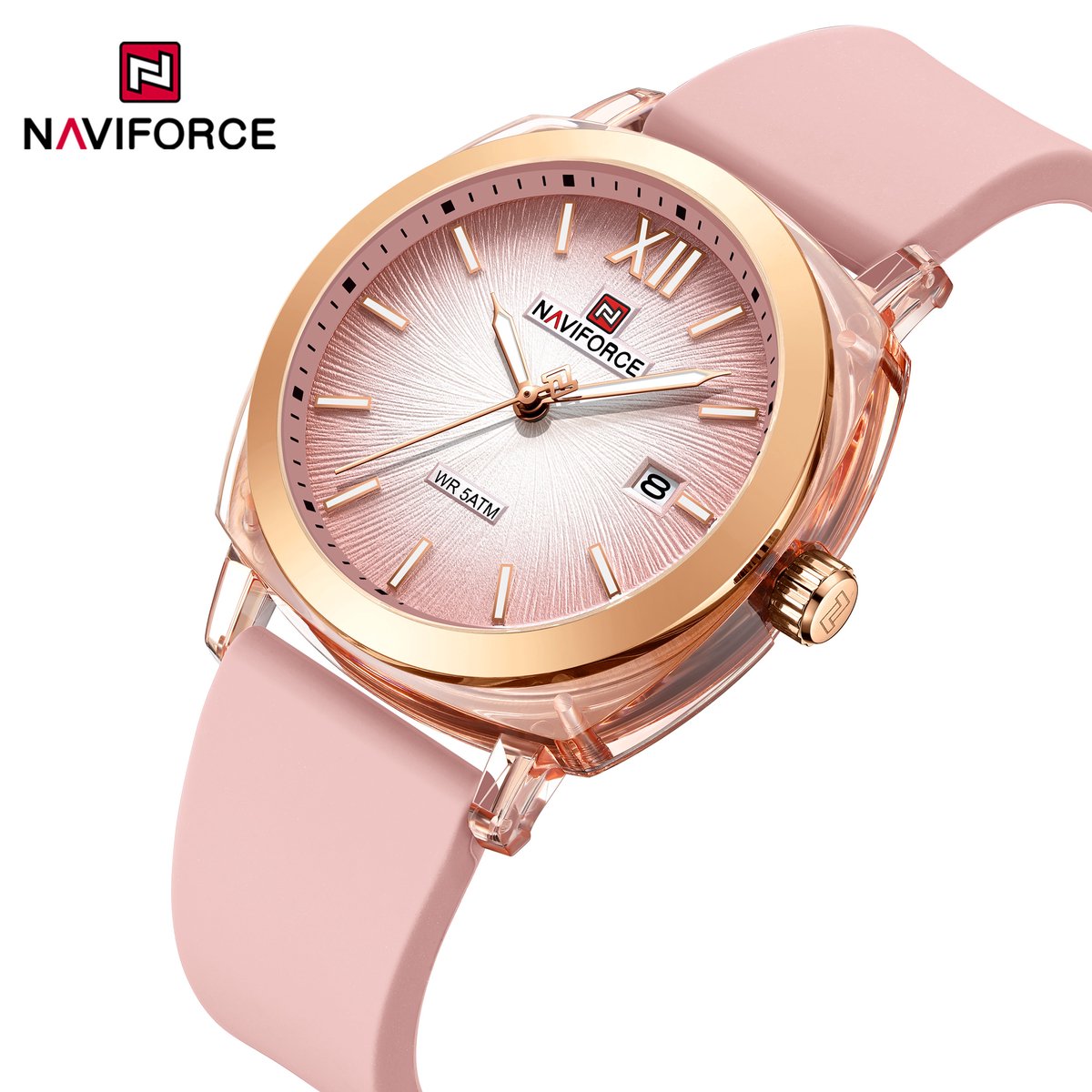 NAVIFORCE horloge met roze gefumeerde siliconen polsband, gouden horlogekast en roze wijzerplaat voor dames met stijl ( Model 6111 R )