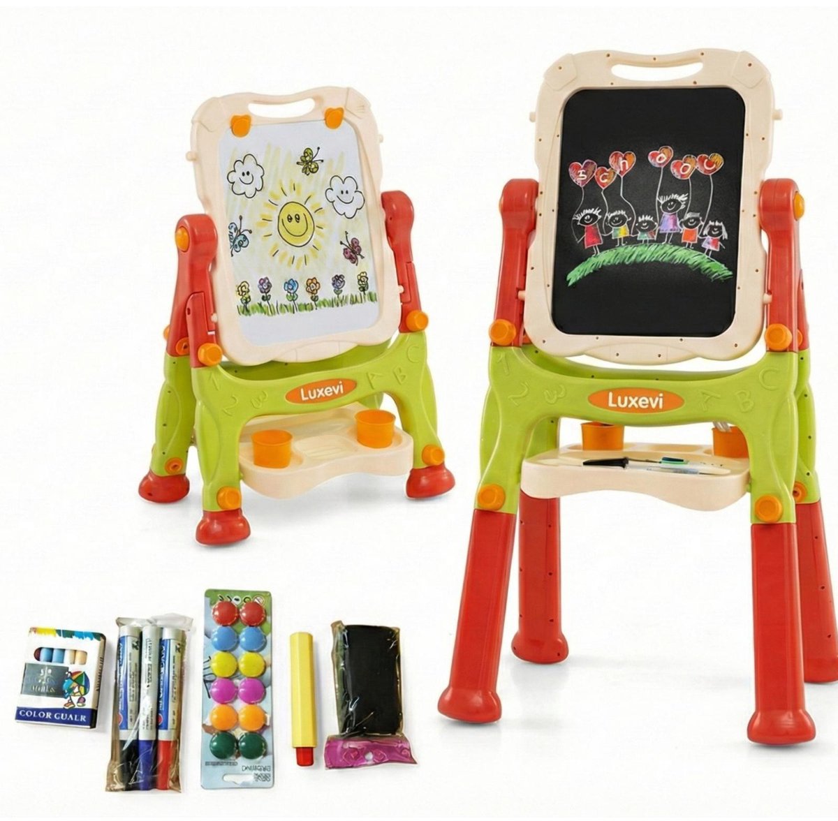 Luxevi Tekenbord Kinderen 108cm – Krijtbord & Magnetisch Whiteboard – 360° Draaibaar – Met Accessoires