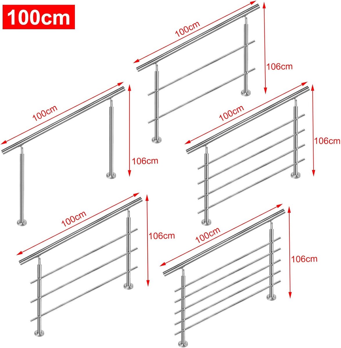 Roestvrij stalen leuning - Trapleuning balustrade - Veiligheid binnen buiten - Geborsteld metaal afwerking - 100 cm lengte - 5 kruisen