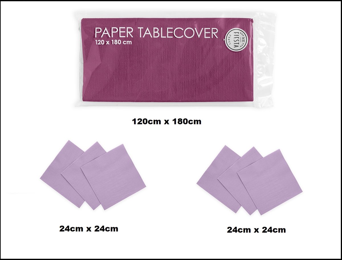 1x Tafelkleed papier paars 120cm x 180cm + 40x Cocktail servetten lila 24cm x 24cm 3 laags