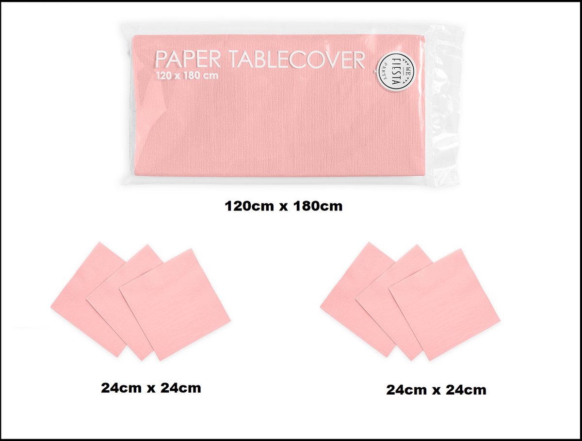 1x Tafelkleed papier roze 120cm x 180cm + 40x Cocktail servetten roze 24cm x 24cm 3 laags