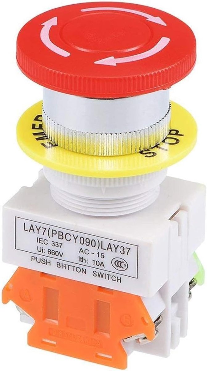 Noodstop Drukknop - Schakelaar Met Deksel - Automatische Controle - 1NO 1NC Contact - 22mm Montagegat - Rood Met Kap