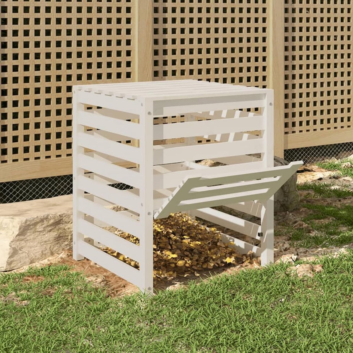 Compostbak Tuin - Organische Compost - Afval Verwerken - Lamelontwerp Goede Luchtcirculatie - 63.5x63.5x77.5 cm - Wit