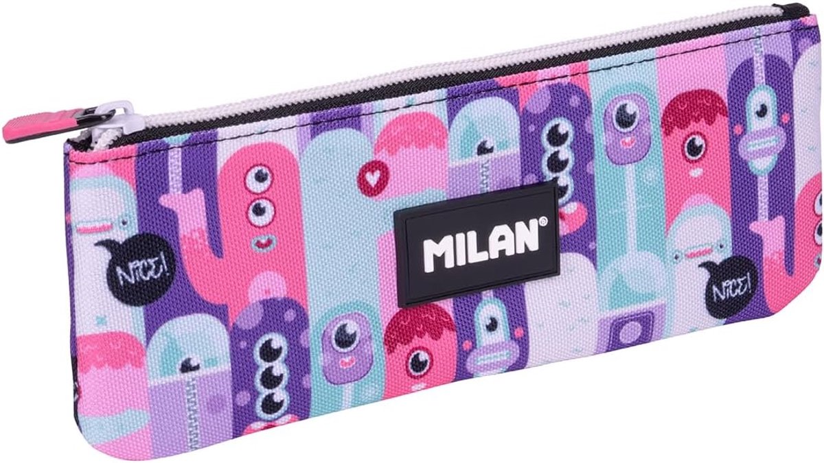 Plat Etui - Klein Pennenbakje - School Benodigdheden - Vrolijk Alien Patroon - 23x9x1.5cm - Roze Paars