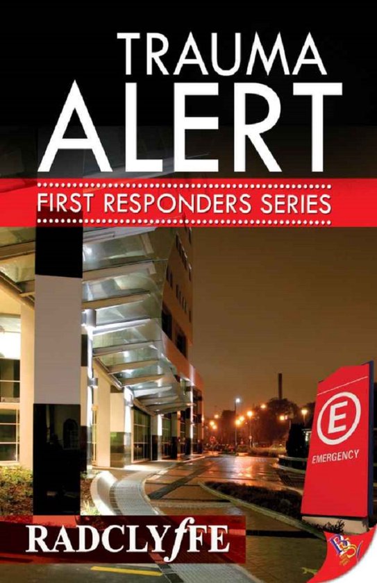 Boekomslag: "TRAUMA ALERT FIRST RESPONDERS SERIES" met een afbeelding van een ziekenhuisingang 's nachts en een rood noodbord.
