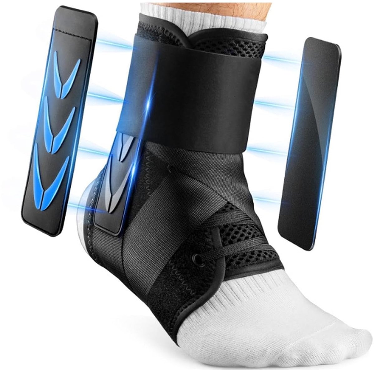 Enkelsteun met Zijstabilisatoren - Verstelbare Sportenkelbrace voor Hardlopen, Voetbal & Basketbal - Ademende Compressiemouw met Dubbele Stabilisatoren voor Verstuikingbescherming(Zwart, Maat S)