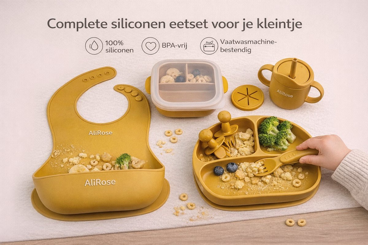 AliRose - Luxe Siliconen Servies - Set voor Baby's - Gender Neutrale Kleur - Inclusief Baby Bestek - BPA Vrij - Inclusief Anti-Slip Bord, Kom, Slab, Beker en Bestek - Geschikt voor Vriezer, Magnetron en Vaatwasser - Onbreekbaar - Geel