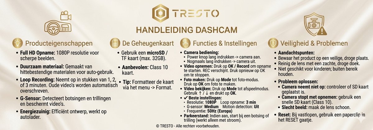 TRESTO - Dashcam Full HD Camera – 4 inch Touchscreen – Dashboardcamera – Full HD 1080p – Loop Recording – Nachtvisie – Bewegingssensor – G-sensor – Autocamera Voor én Achter - voor auto – foto 8