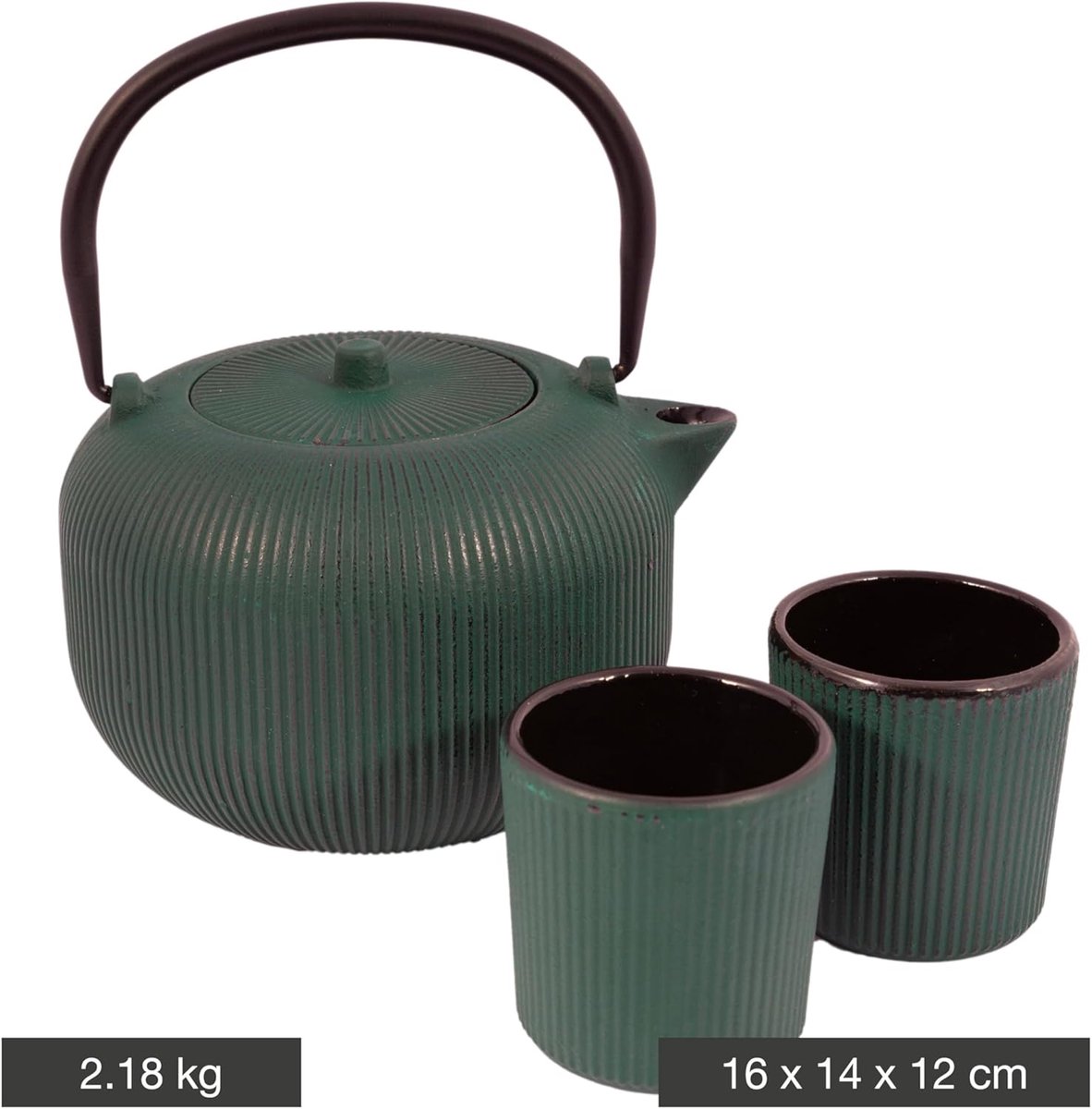 Theeset Gietijzer - Theepot Mokken - Thee Zetten - Geribbelde Afwerking - 1 Liter - Smaragdgroen
