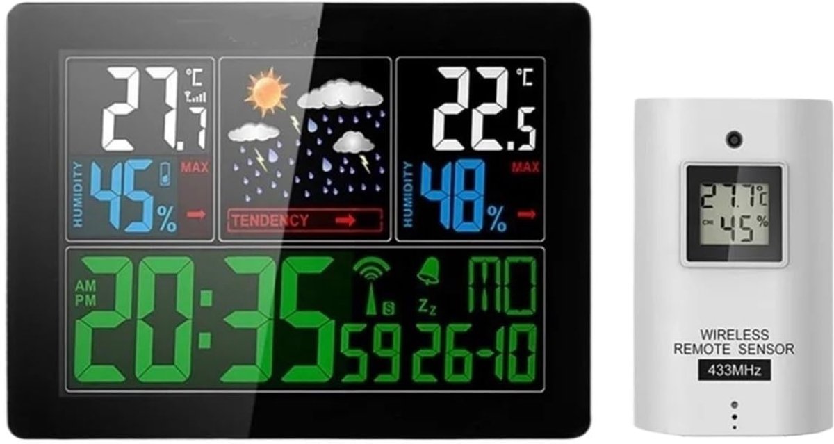 Weerstation Kleuren LCD - Thermometer Hygrometer - Binnen Buiten Meten - Radiogestuurde Klok - Tot 50 Meter