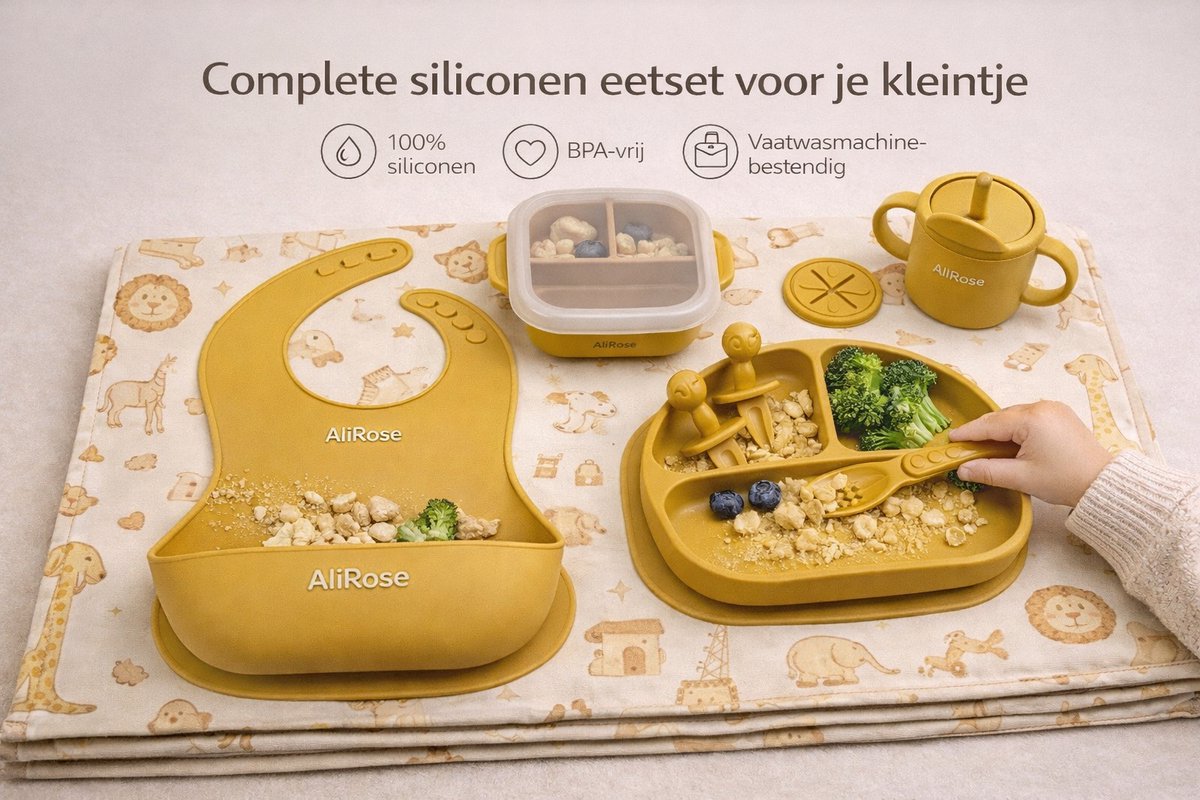 AliRose® Anti-Knoei Speelmat + Premium Baby Serviesset | BPA-vrij Platinum Siliconen | Baby & Peuter Eetset Met Knoei en Speelmat | Combideal 67,99