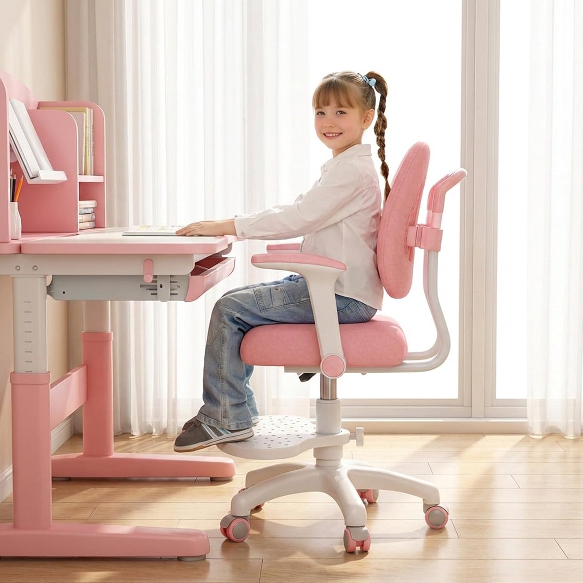 Kinderbureaustoel - Verstelbare kinderstoel - Studeren en spelen - Dubbele rugsteun - Hoogte 0.96m - Roze