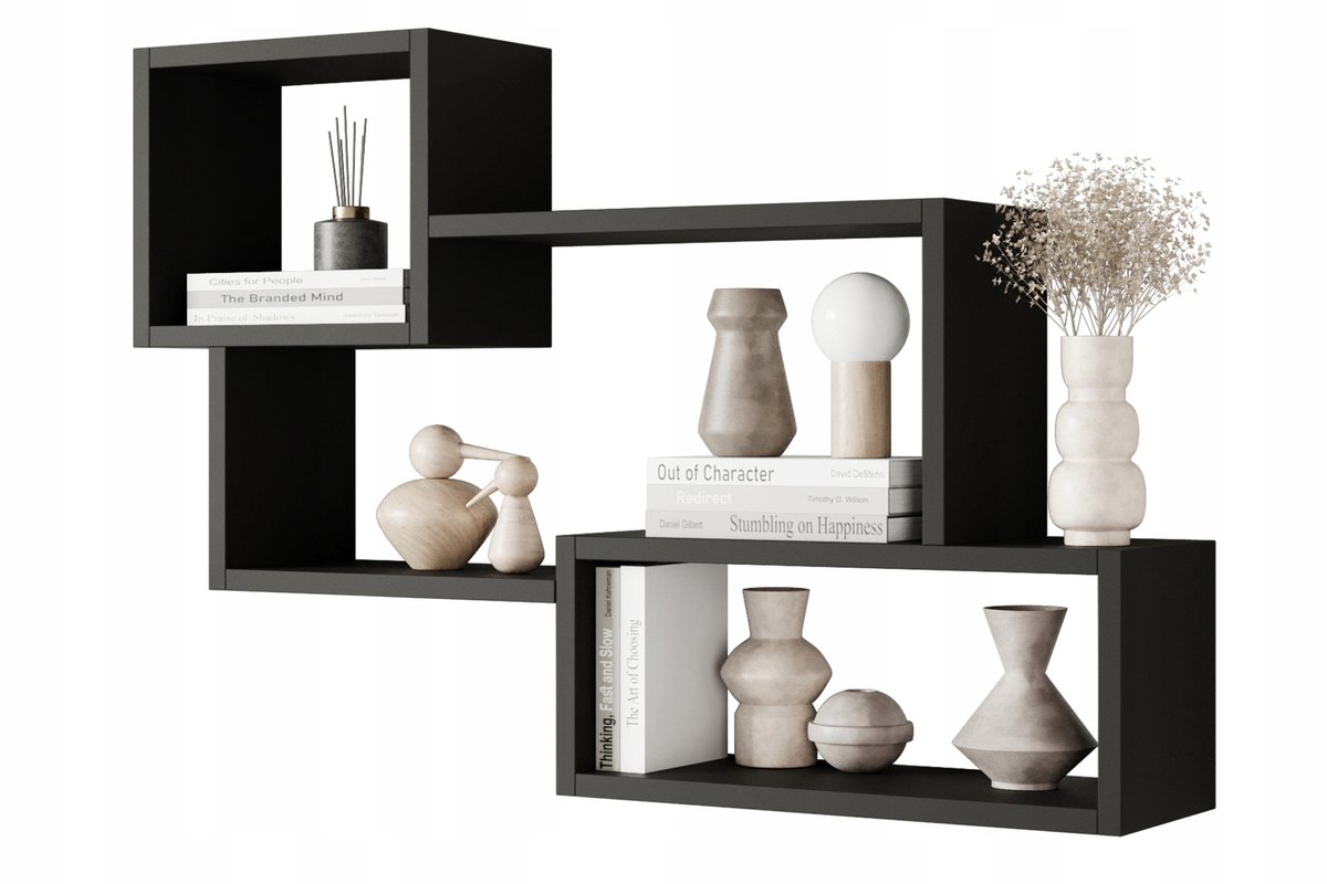 Moderne Wandplank Trio 005 – Geometrisch Hangend Boekenrek – 3 Rechthoeken – Wandmeubel – Zwart Mat – 87 x 54 cm
