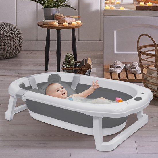 Opvouwbaar babybadje (82x50x22 cm), ruimtebesparende badzitje met badkussen en antislipframe, plastic kinderbadje/babybadje (Grijs) NAIZY — afbeelding 3