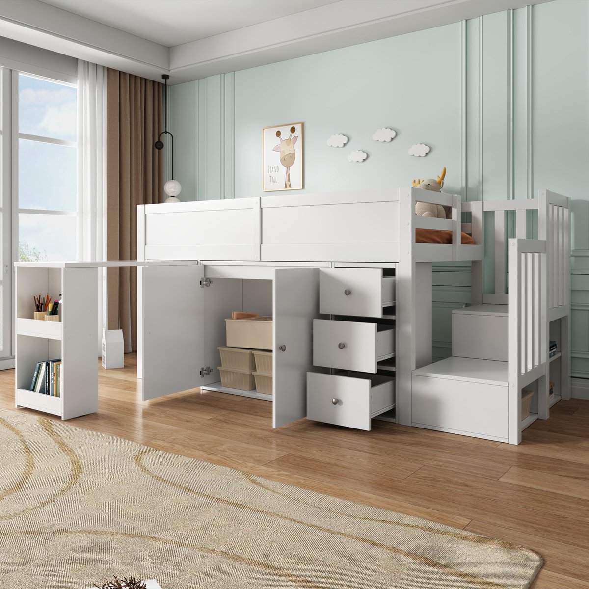OKWISH Hoogslaper 90x200cm – Kinderbed Met Uitschuifbaar Bureau En Kast – Met Trap En Opberglades – Zonder matras – MDF – Wit