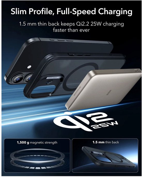 Zwarte ESR iPhone-hoes, 1,5 mm dun, met MagSafe-ring. Laadt Qi2 25W snel op. Magneetkracht van 1.500 g.