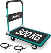 VONROC Plateauwagen – inklapbaar – draagvermogen max 300 kg – groot laadplatform 90x60 cm - transportwagen - inclusief spanbanden
