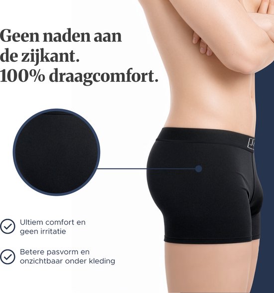 Zij-aanzicht van een persoon in zwarte, naadloze boxershorts. Vergroot detail van de stof.