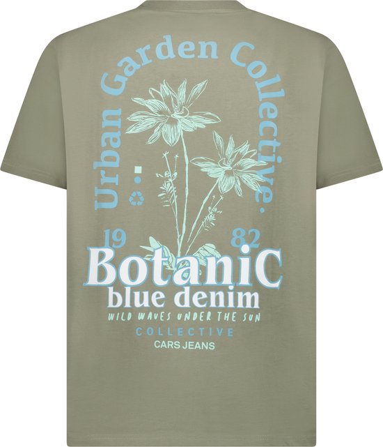 Olijfgroen T-shirt met blauwe 'Urban Garden Collective' en bloemenprint op de rug.