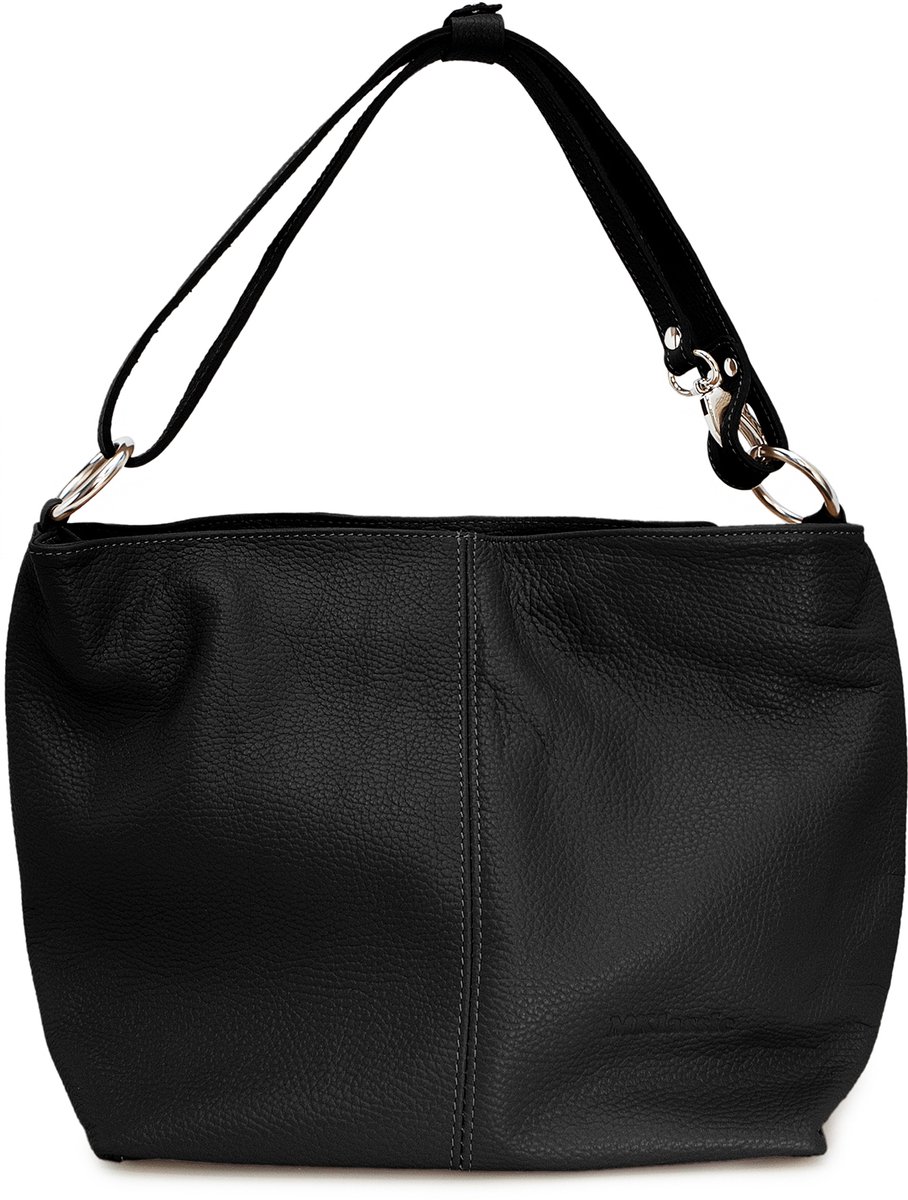 MKlassic Italiaanse damesleren handtas Zwart – Elegante schoudertas met Zilveren accenten – Hoogwaardige schoudertas van echt rundleer voor dagelijks gebruik en zakelijk gebruik - Made in Italy - MK06-350-28