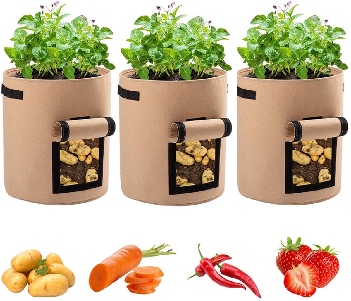 NAXSIR plantenzakken, 3 stuks, plantenzakken van 3,8 liter, verstevigd, met handvatten, bruin