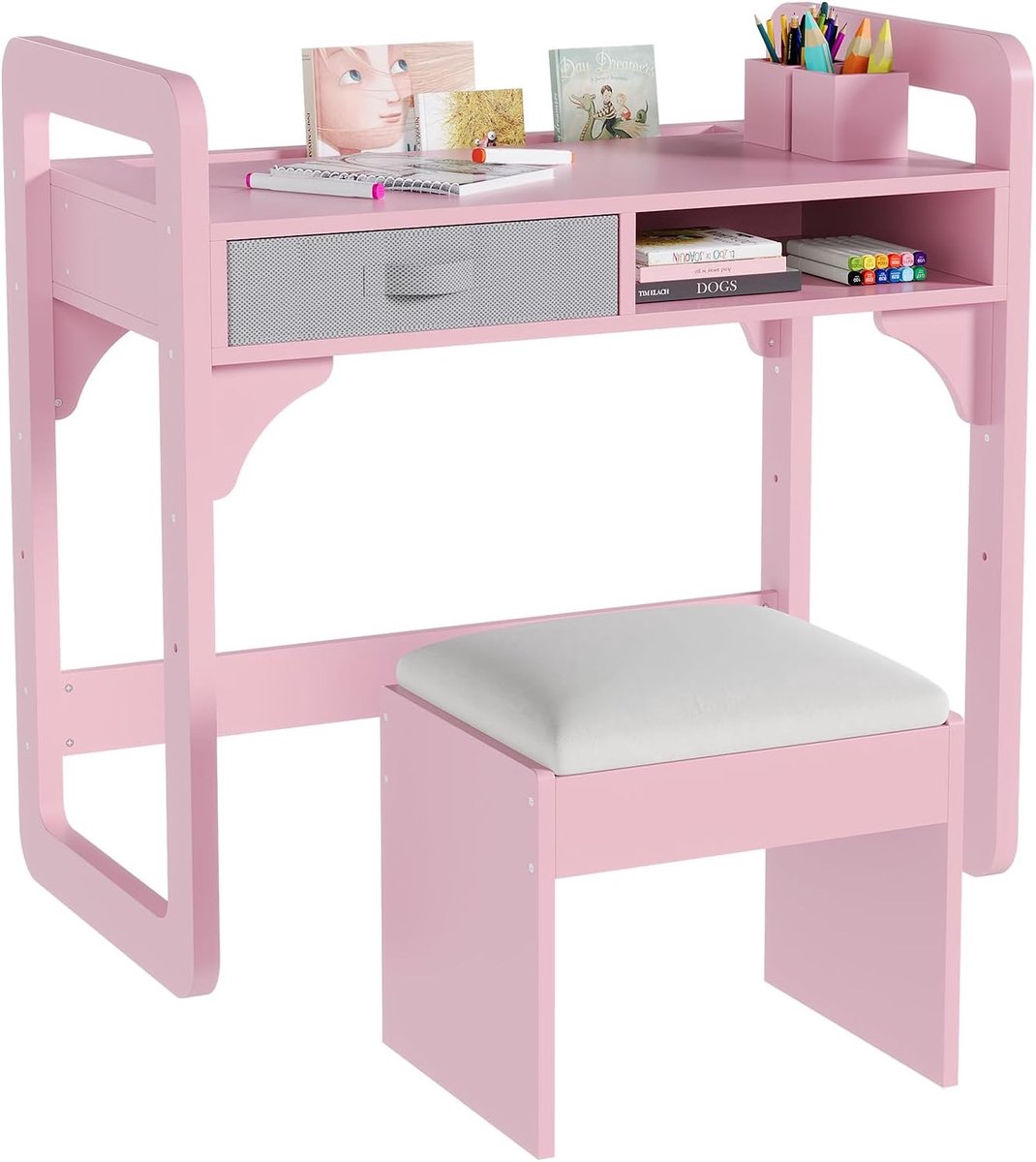 Kindertafel met Stoel - Kinderbureau met 2 Lades - Studiebureau voor Jongens en Meisjes 3-8 Jaar - 86x46x80 cm - roze