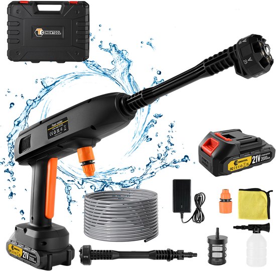 Draadloze hogedrukreiniger 21V 650W 40Bar 6-in-1 mondstuk schuimreservoir slang accu opbergdoos