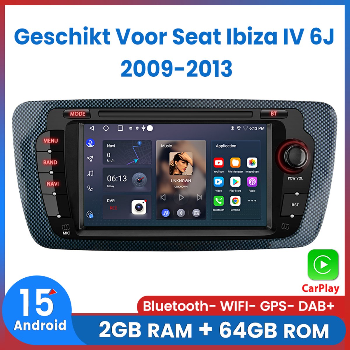 Awesafe 2+64GB Autoradio - Geschikt Voor Seat Ibiza IV 6J 2009 t/m 2013 - Draadloos Apple Carplay & Android Auto - Android 15.0 - Radio met navigatie GPS - 7 inch HD touchscreen - Radio Scherm - Bluetooth & Wifi - 2009 2010 2011 2012 2013