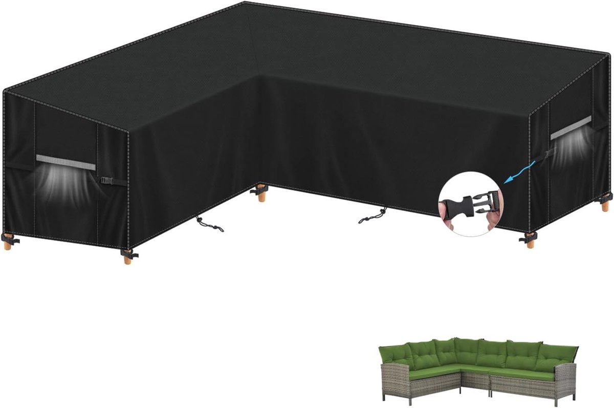Famanu 255 x 255 x 87 cm V-vorm rotan bankhoes - waterdicht en scheurbestendig 420D Oxford-stof - duurzame L-vormige bankhoes voor buiten met waterdichte tape - tuinmeubelhoezen ZWART