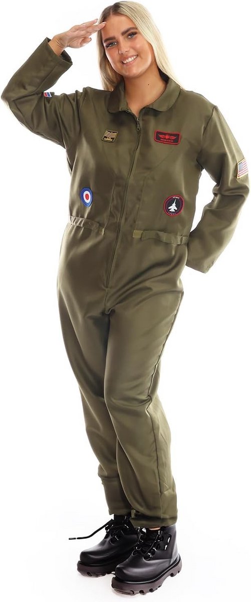 Groene Jumpsuit voor Dames met Militaire Patches Thema Kostuum