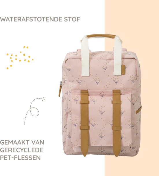 Roze rugzak met 'dandelion' print. Tekst: 'Waterafstotende stof' en 'Gemaakt van gerecyclede PET-flessen'.