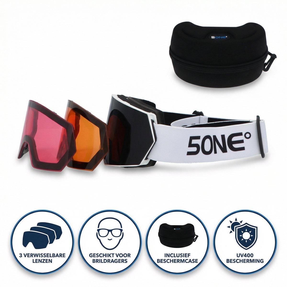 5one® Alpine 6 Black Medium Skibril met 3 lenzen - zwarte, oranje en roze lens