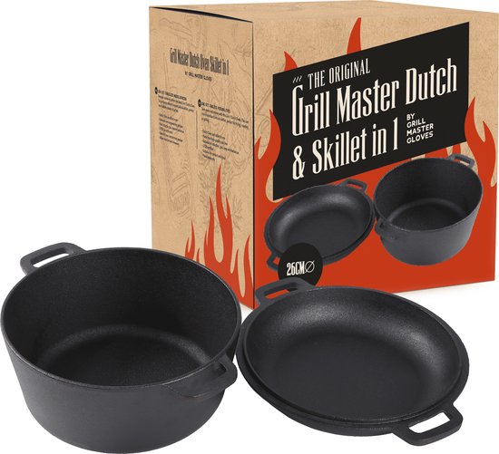 Grill Master Dutch Oven en Skillet in 1 - Pan Gietijzer - Dutch oven Gietijzer met deksel - Braadpan - 2 in 1 Set - 25CM - Papa Cadeau Voor Mannen - Vaderdag