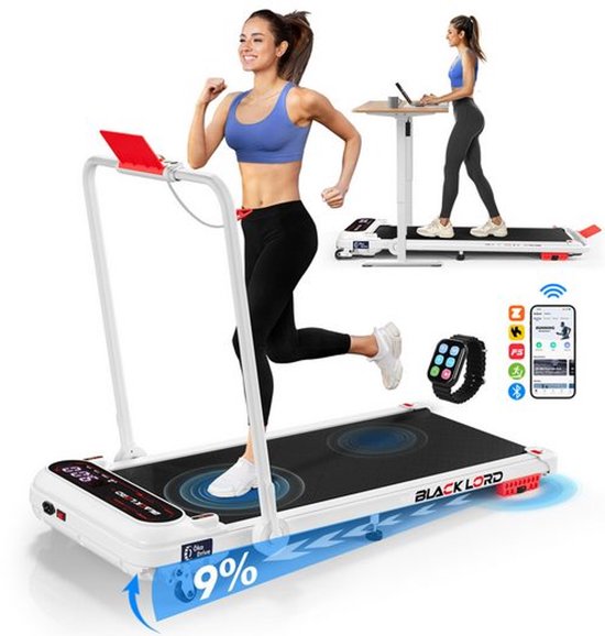 BLACK LORD X7-H - Walking Pad loopband - 3,0 PS EcoDrive™ motor - 15 km/h & 4% helling (3 niveaus) - Bluetooth app-bediening - 39 cm breed loopvlak - Inklapbaar voor onder het bureau