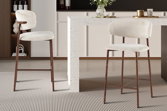 Tabouret de bar/Chaise de bar/Chaise de comptoir 'Coco' Noyer en tissu Raven Beige - H 92 x L 51 x P 50 cm - Le prix est par pièce