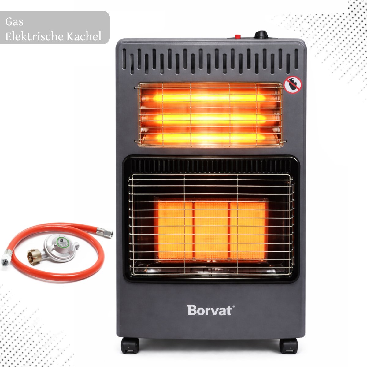 Borvat® – Opvouwbare Gas- en Elektrische Kachel – 4200 W – warmtestraler met piëzo – ontsteker butaan – Voor Binnen & Beschutte Buitenruimtes – Met Wielen – 3 Standen