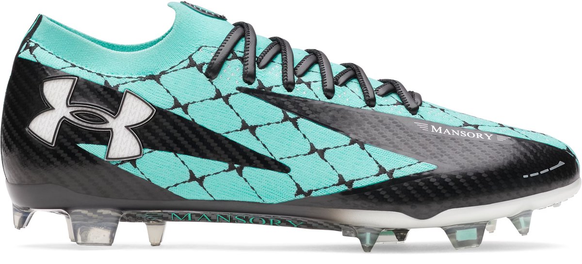 Voetbalschoenen Under Armour Shadow Elite 3 x Mansory (FG) in zwart en turquoise met tricotkraag en ergonomisch ontwerp.