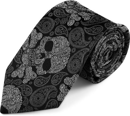 Zijden stropdas met schedel met zwart en grijs paisleymotief | 8 cm