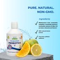 Fles Encapsulated PROBIOTICS met een sinaasappel, sinaasappelpartjes en een citroen. Bevat probiotica, vitamine C en natuurlijk citroenextract.