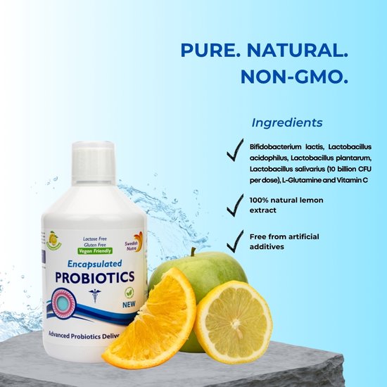 Fles Encapsulated PROBIOTICS met een sinaasappel, sinaasappelpartjes en een citroen. Bevat probiotica, vitamine C en natuurlijk citroenextract.