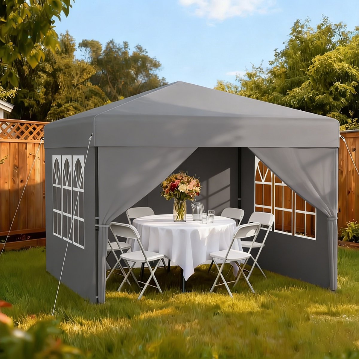 Aufun opvouwbaar pop-up paviljoen – 3 x 3 m – met 4 zijwanden – waterdicht – UV-bescherming – hoogte verstelbaar 240-260 cm – zilvergrijs