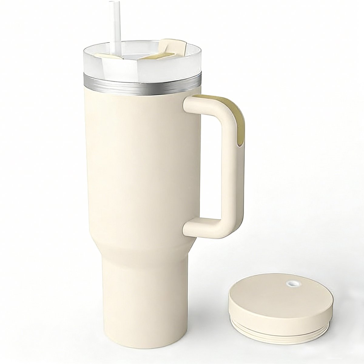 Koffiemok voor Onderweg - Automok - Grote Waterbeker met Rietje - Draagbare Koffiebeker - 1182 ml - Geschikt voor Warme en Koude Koffie - Wit