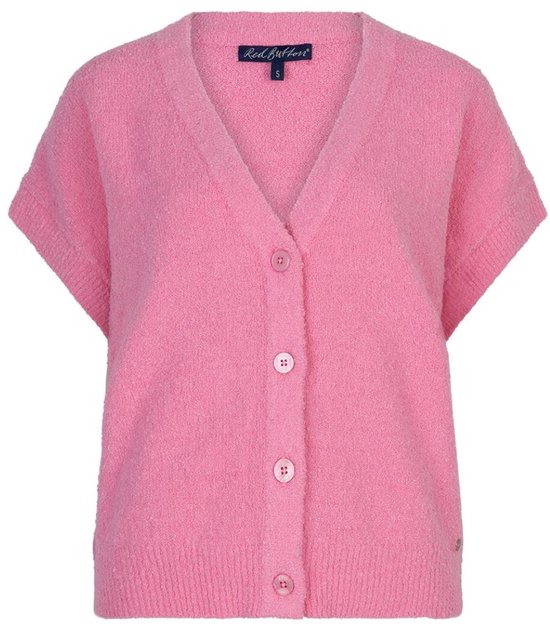 Gilet rose en tricot boutonné, manches courtes, col en V et texture popcorn.