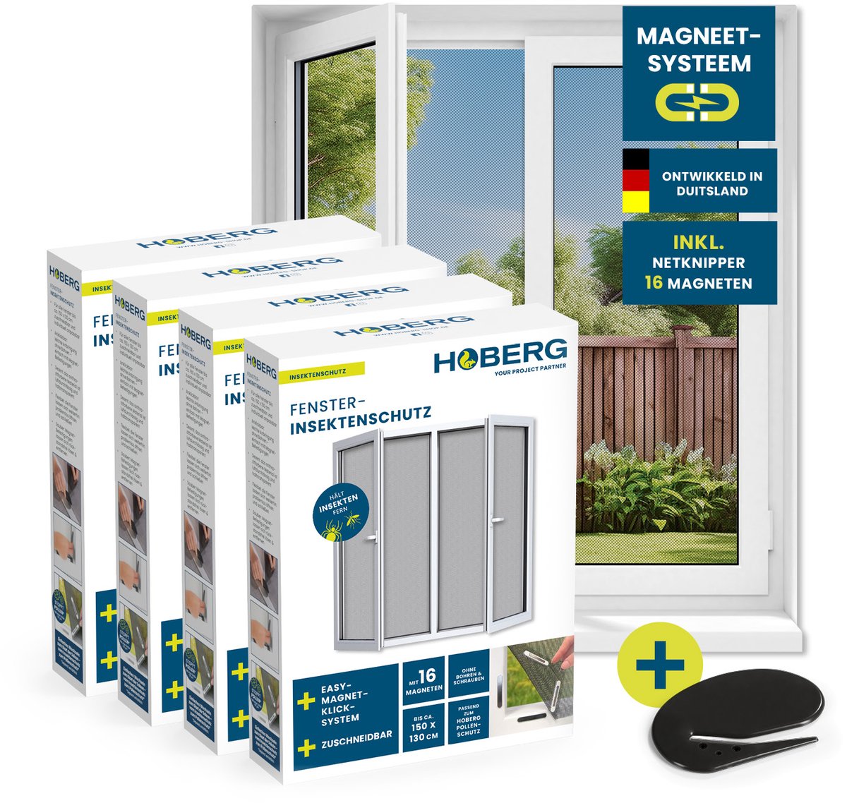 Hoberg Vliegengaas voor ramen met magnetische bevestiging, muggennet op maat te snijden tot 150 x 130 cm, eenvoudige montage met 16 magneten, insectenbescherming zonder boren, schroeven en lijmresten, zwart, 4 stuks