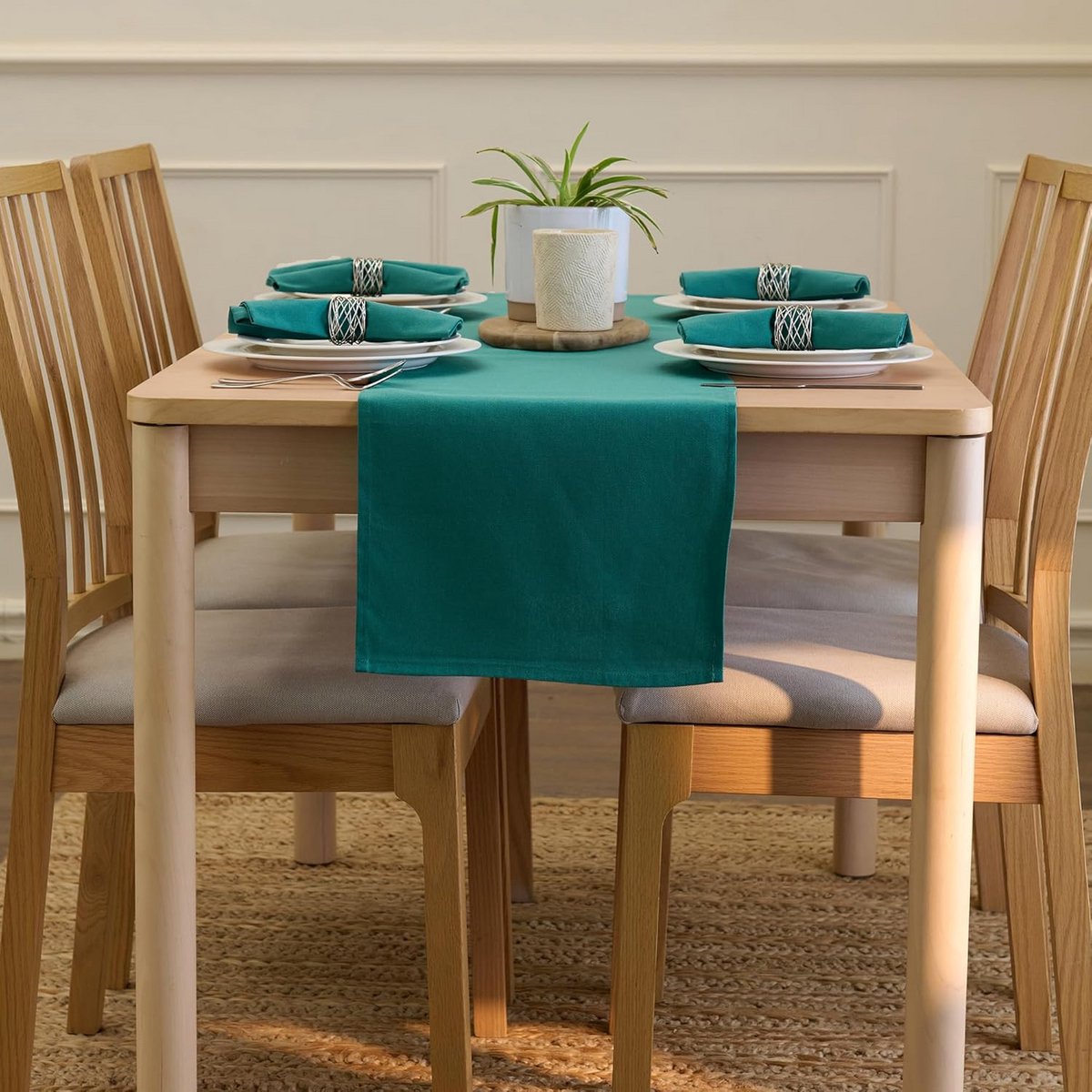 Luxe Katoenen Canvas Tafelloper 32x230 cm Smaragdgroen Duurzaam en Wasbaar