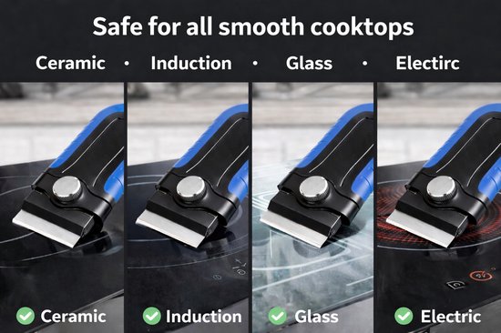 Vier close-ups van een blauwe en zwarte schraper op verschillende kookplaten: keramisch, inductie, glas, elektrisch.